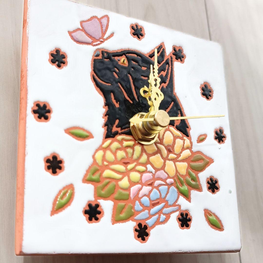 黒猫と花のアートタイル時計 | 3枚目