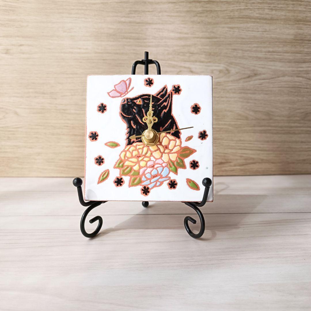 黒猫と花のアートタイル時計 | 4枚目