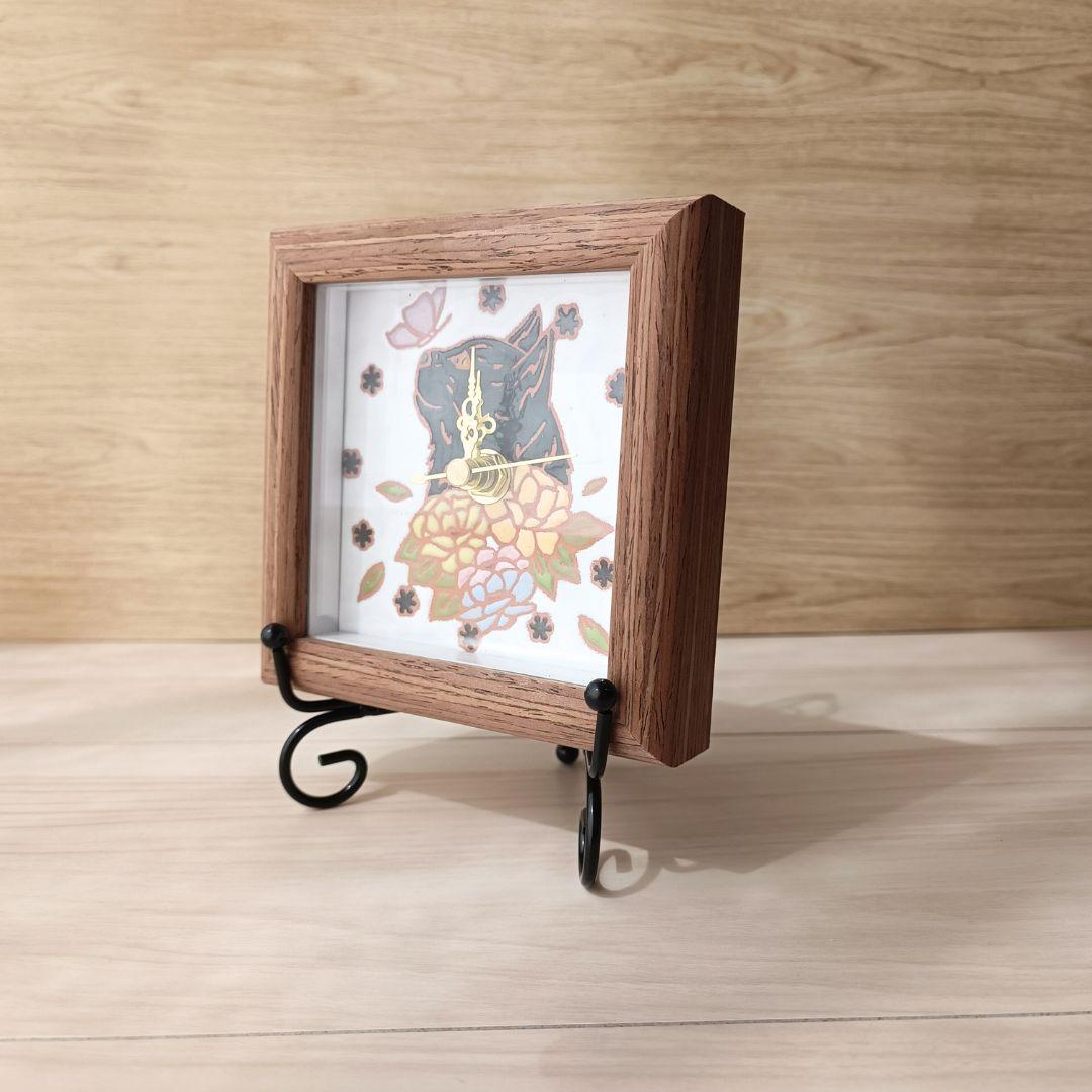 黒猫と花のアートタイル時計 | 8枚目