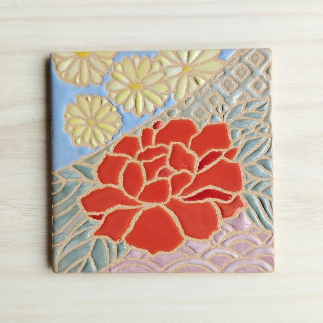 無料で選べるマグネットとコルク加工！和風フラワータイル スタンド スペインタイル 海外土産 コースター アート