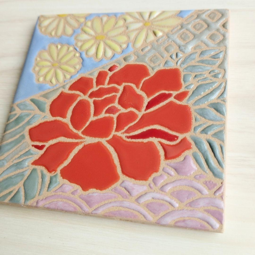 無料で選べるマグネットとコルク加工！和風フラワータイル スタンド スペインタイル 海外土産 コースター アート | 2枚目