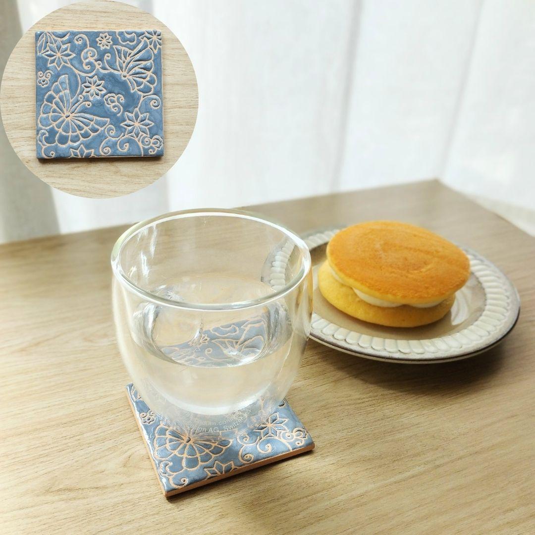 無料で選べるマグネットとコルク加工！蝶々タイル スタンド スペインタイル 日本土産 コースター アート