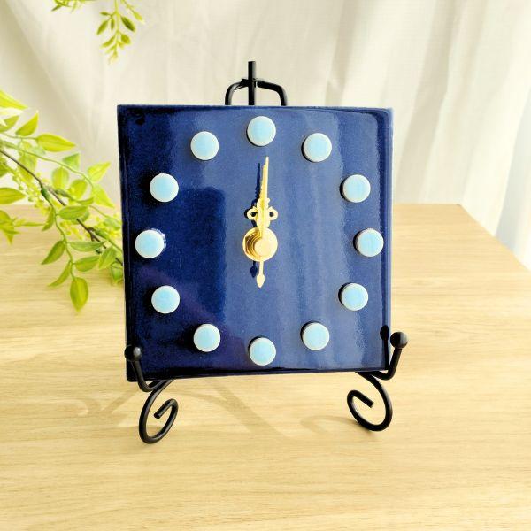 深みのある色合いのメキシコタイル＆美濃焼モザイクタイル時計 ネイビーブルー