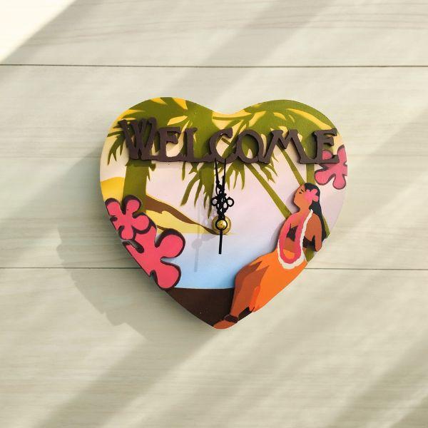 ハワイの景色　ハートのフラガールデザインハワイアン時計